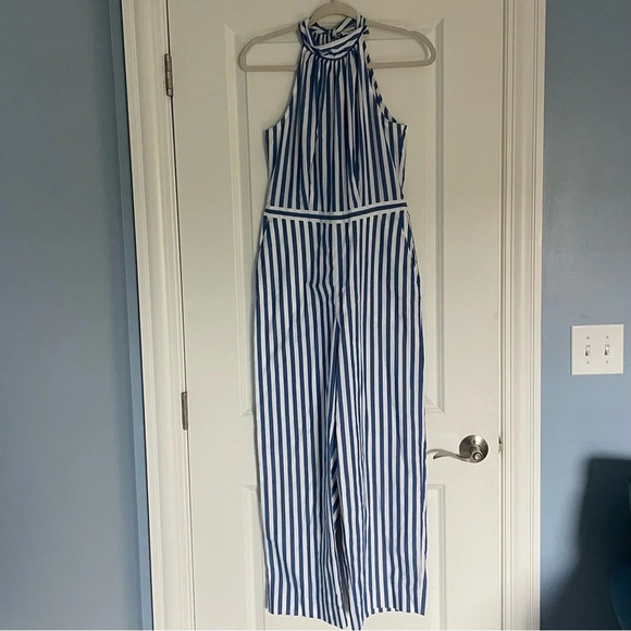 J Crew Tie-back halter jumpsuit blue white stripe 18564 - Picture 3 of 15